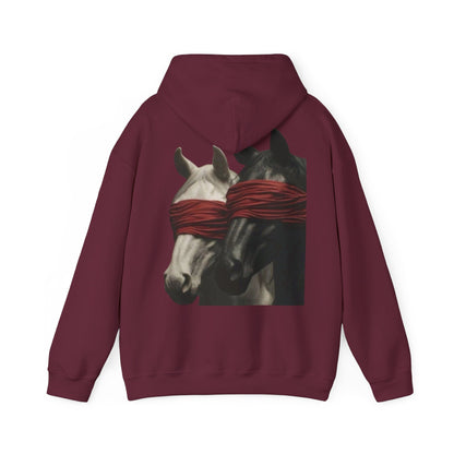 Horse Art Hoodie — Blindfolded Horses Graphic Pullover | Winter Drop