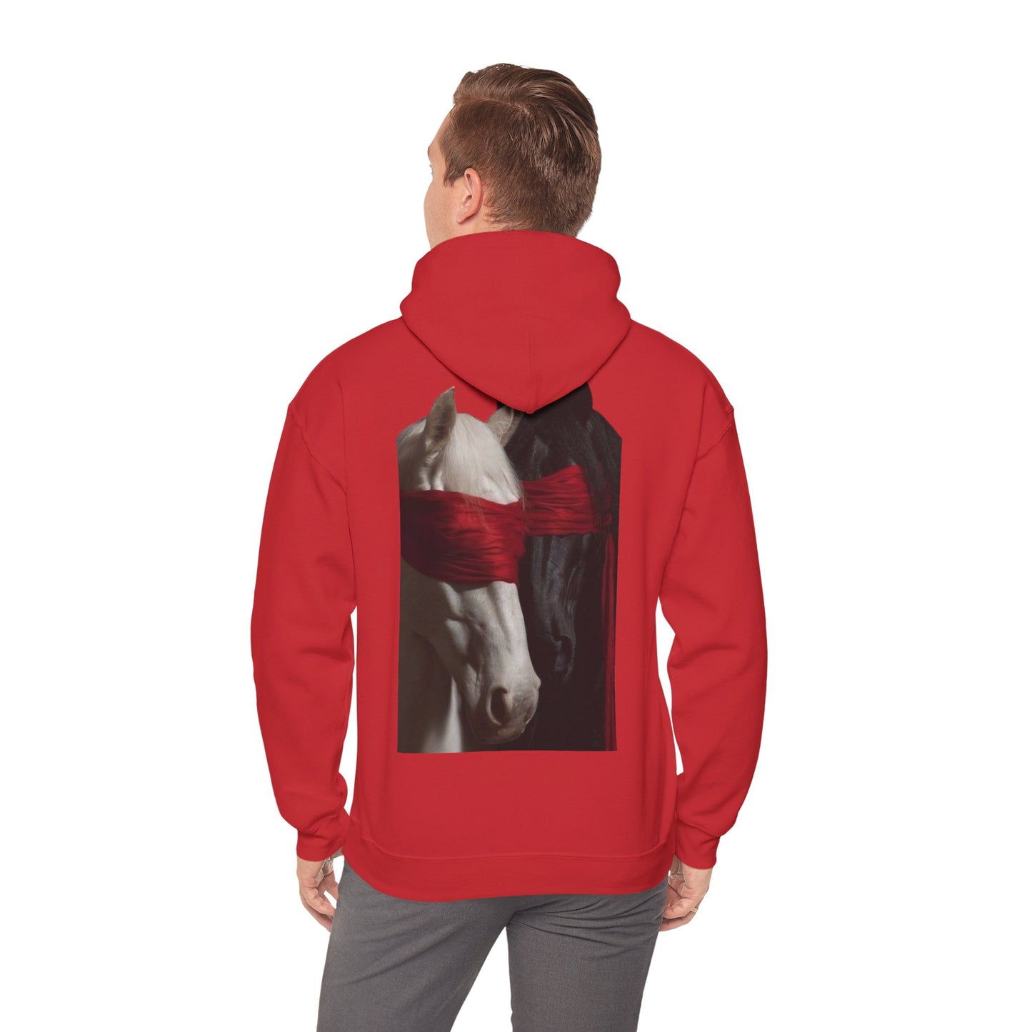 Horse Portrait Hoodie — White Horse with Red Blindfold Graphic | Winter Drop