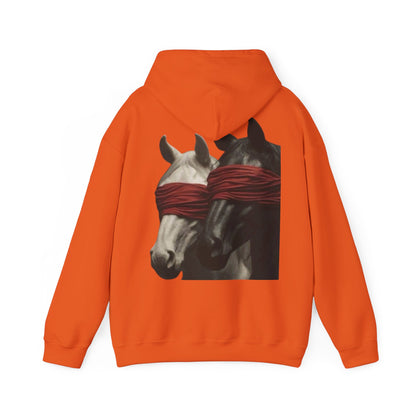Horse Art Hoodie — Blindfolded Horses Graphic Pullover | Winter Drop