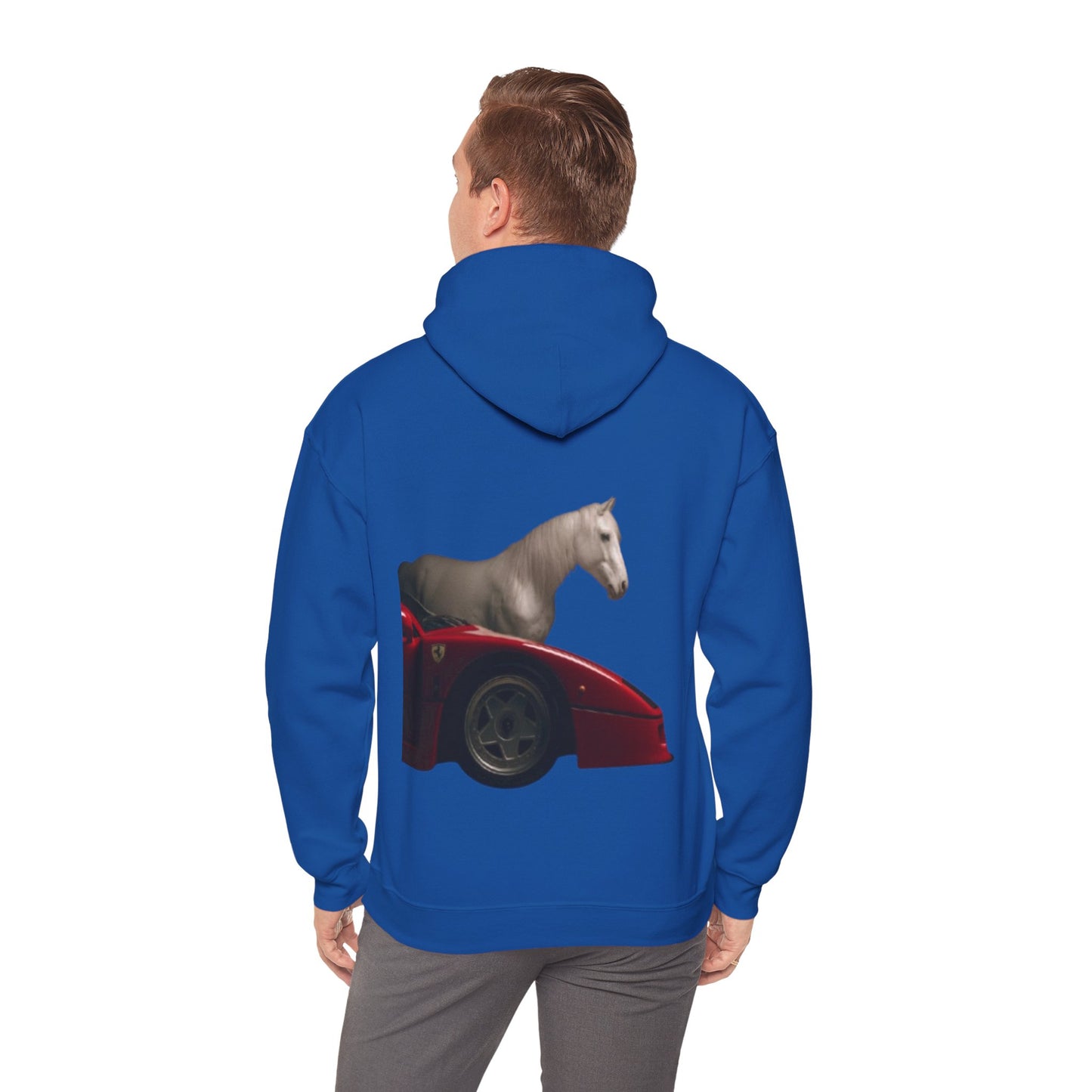 Horse & Sports Car Hoodie — Minimal Horse Head Front | Horse on Red Car Back | Winter Drop