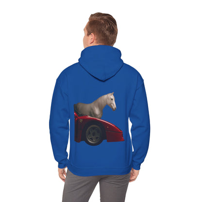 Horse & Sports Car Hoodie — Minimal Horse Head Front | Horse on Red Car Back | Winter Drop