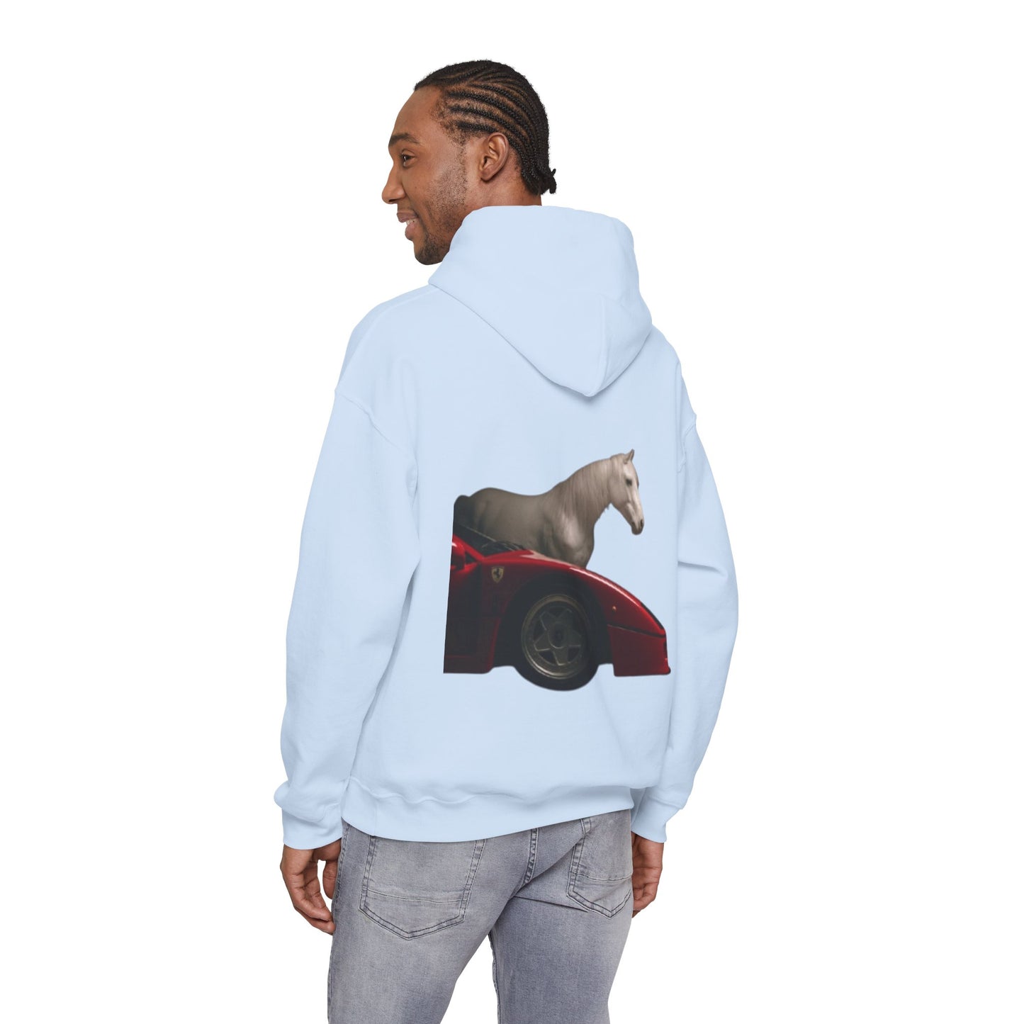 Horse & Sports Car Hoodie — Minimal Horse Head Front | Horse on Red Car Back | Winter Drop