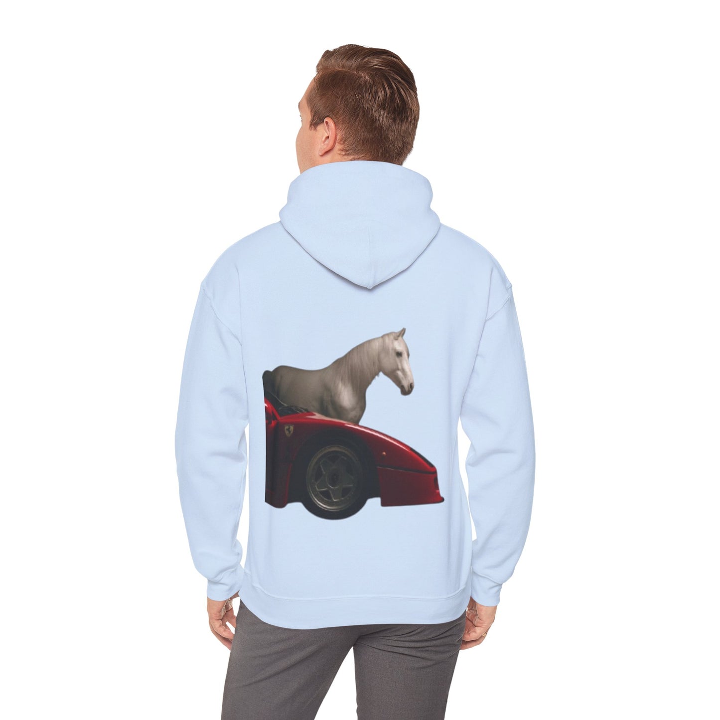 Horse & Sports Car Hoodie — Minimal Horse Head Front | Horse on Red Car Back | Winter Drop