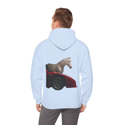 Horse & Sports Car Hoodie — Minimal Horse Head Front | Horse on Red Car Back | Winter Drop