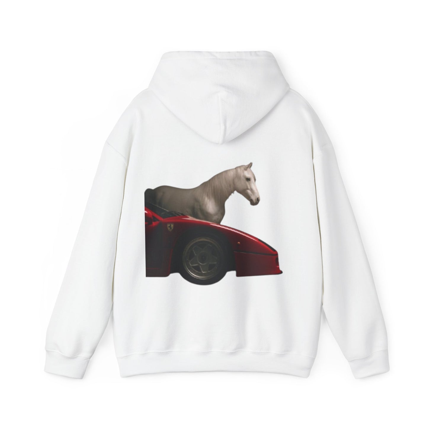 Horse & Sports Car Hoodie — Minimal Horse Head Front | Horse on Red Car Back | Winter Drop
