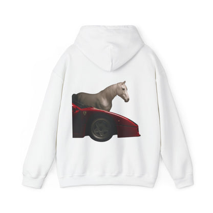 Horse & Sports Car Hoodie — Minimal Horse Head Front | Horse on Red Car Back | Winter Drop