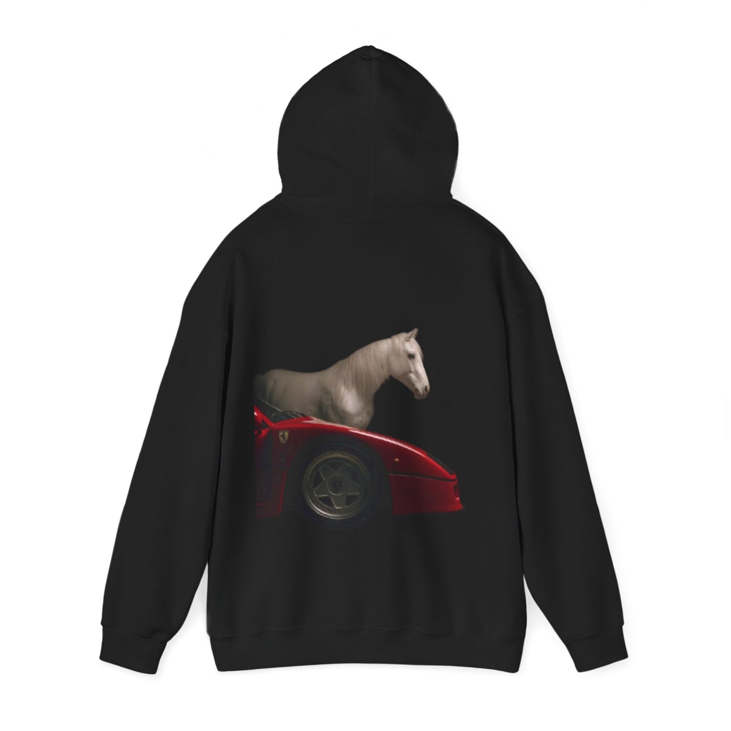 Horse & Sports Car Hoodie — Minimal Horse Head Front | Horse on Red Car Back | Winter Drop