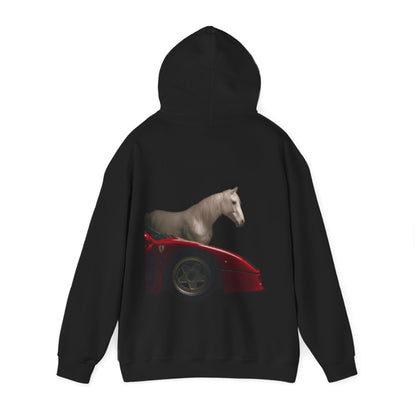Horse & Sports Car Hoodie — Minimal Horse Head Front | Horse on Red Car Back | Winter Drop
