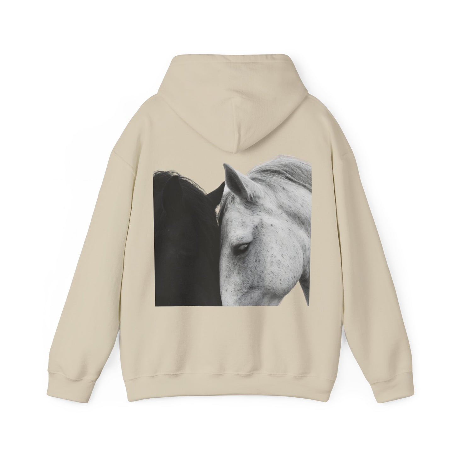 Horse Hoodie — Minimal Line Art Front & Black‑White Photo Back | Winter Drop