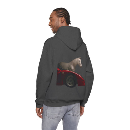 Horse & Sports Car Hoodie — Minimal Horse Head Front | Horse on Red Car Back | Winter Drop