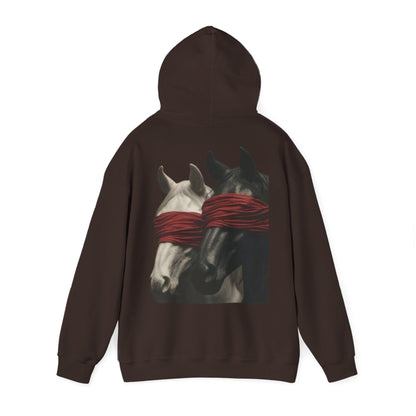 Horse Art Hoodie — Blindfolded Horses Graphic Pullover | Winter Drop