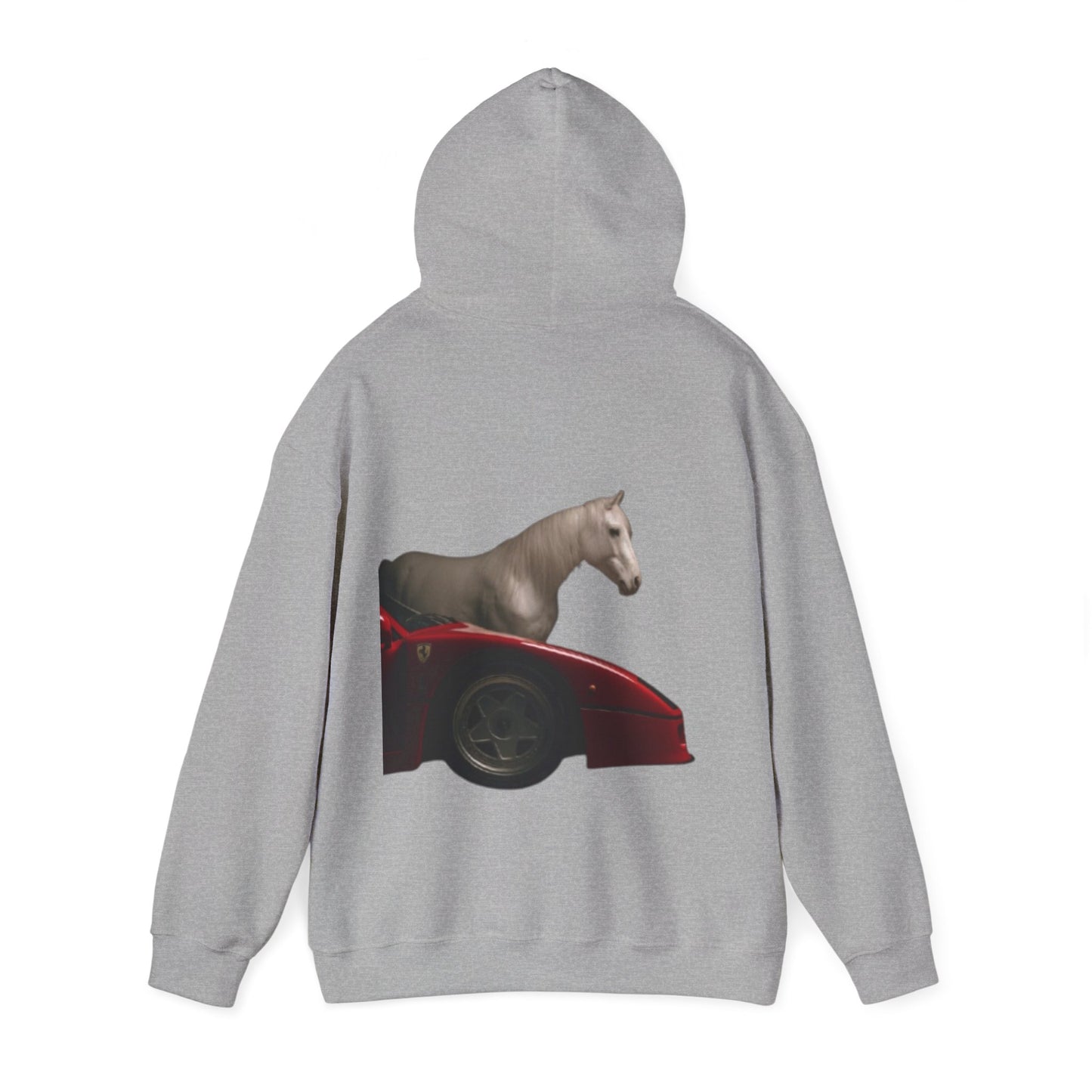 Horse & Sports Car Hoodie — Minimal Horse Head Front | Horse on Red Car Back | Winter Drop