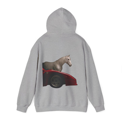 Horse & Sports Car Hoodie — Minimal Horse Head Front | Horse on Red Car Back | Winter Drop