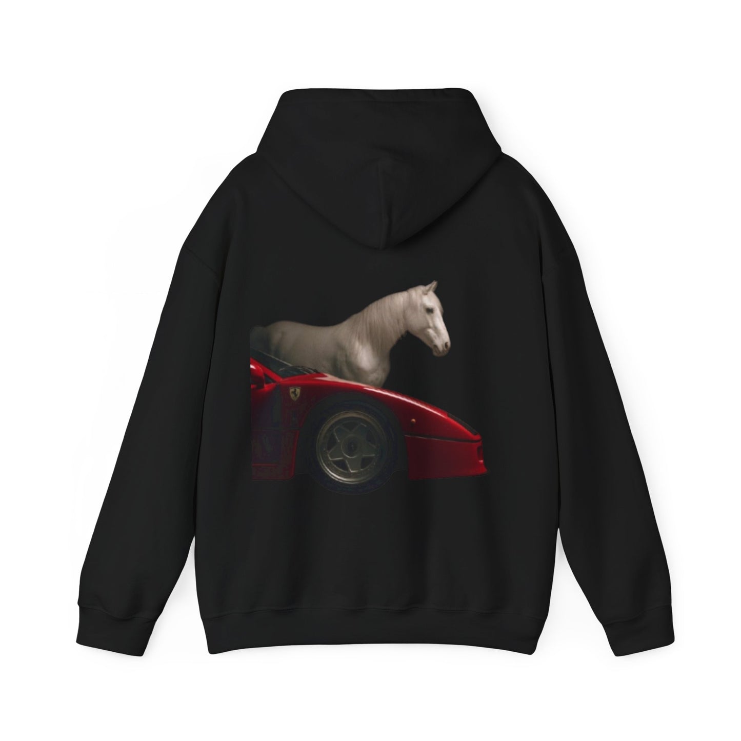 Horse & Sports Car Hoodie — Minimal Horse Head Front | Horse on Red Car Back | Winter Drop