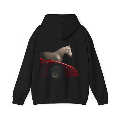 Horse & Sports Car Hoodie — Minimal Horse Head Front | Horse on Red Car Back | Winter Drop