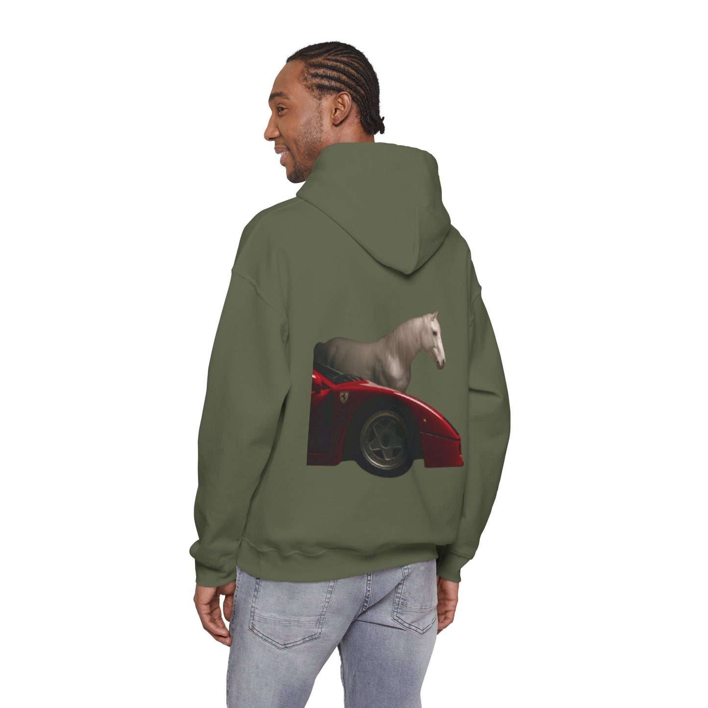 Horse & Sports Car Hoodie — Minimal Horse Head Front | Horse on Red Car Back | Winter Drop
