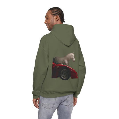 Horse & Sports Car Hoodie — Minimal Horse Head Front | Horse on Red Car Back | Winter Drop