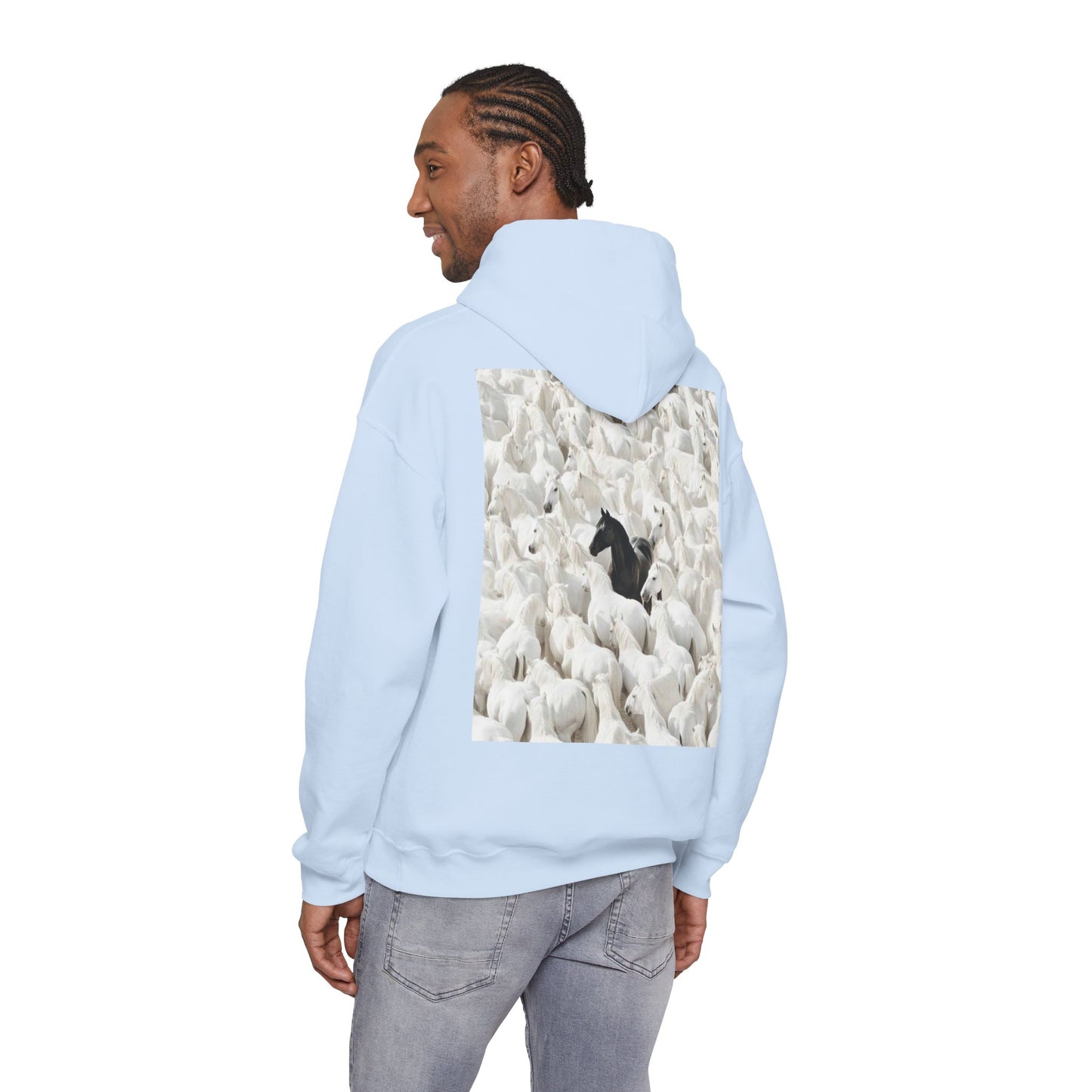 Hoodie – 'Stand Out' Black Horse Among White Sheep Graphic Hoodie