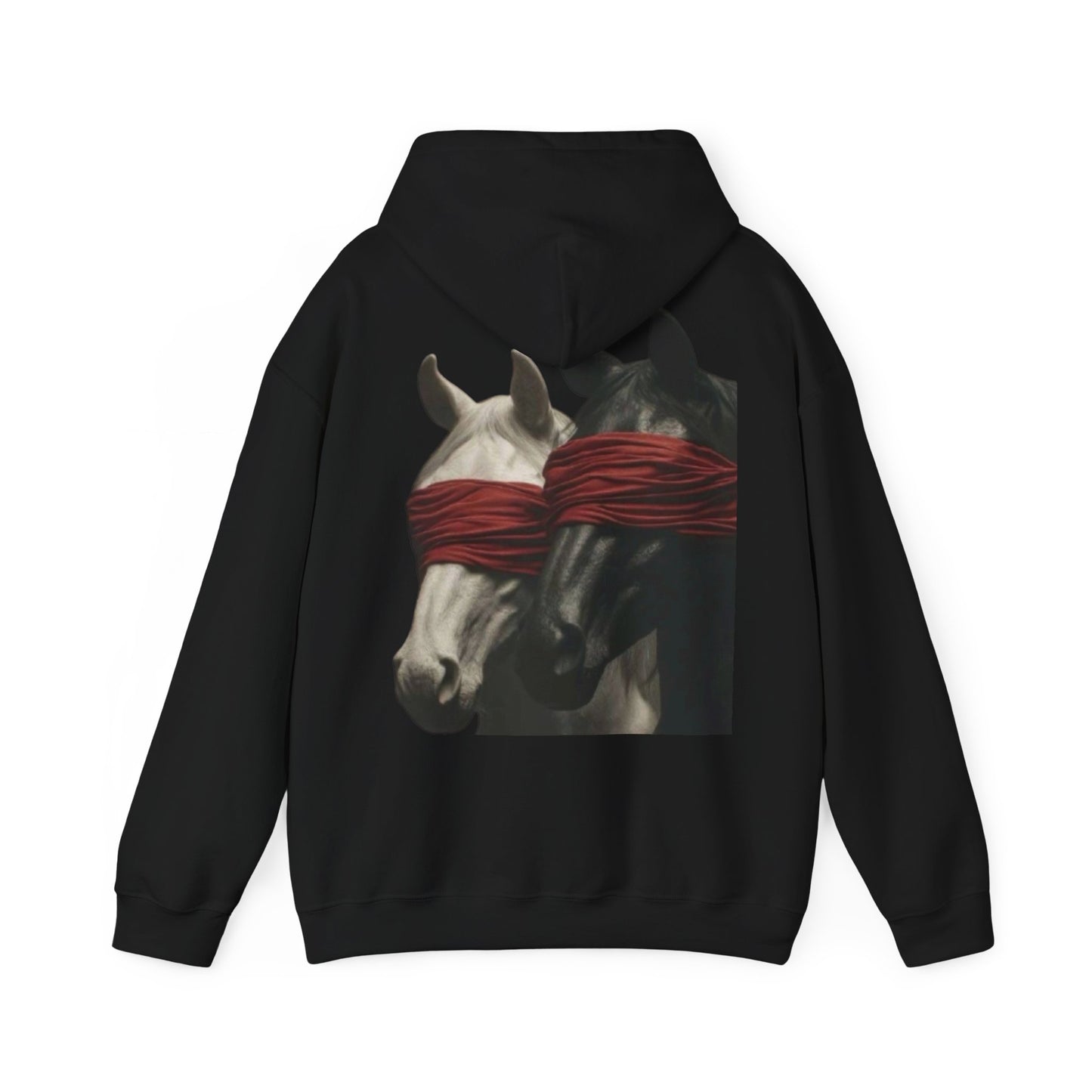 Horse Art Hoodie — Blindfolded Horses Graphic Pullover | Winter Drop