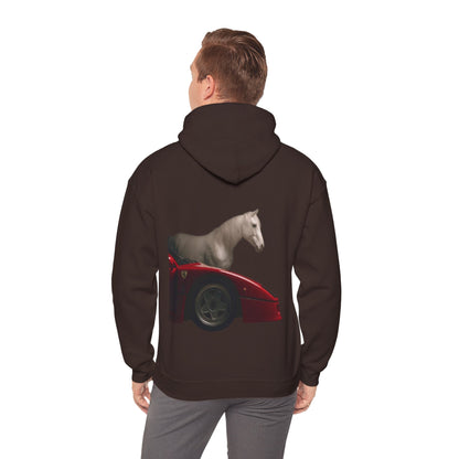 Horse & Sports Car Hoodie — Minimal Horse Head Front | Horse on Red Car Back | Winter Drop