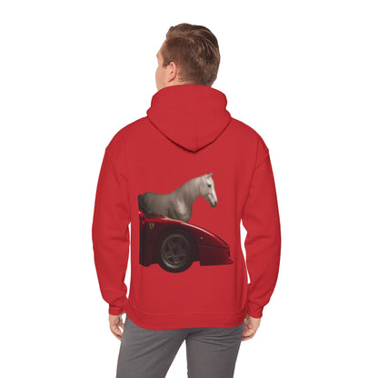 Horse & Sports Car Hoodie — Minimal Horse Head Front | Horse on Red Car Back | Winter Drop