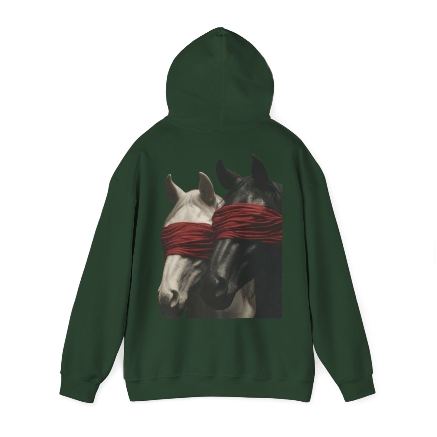 Horse Art Hoodie — Blindfolded Horses Graphic Pullover | Winter Drop