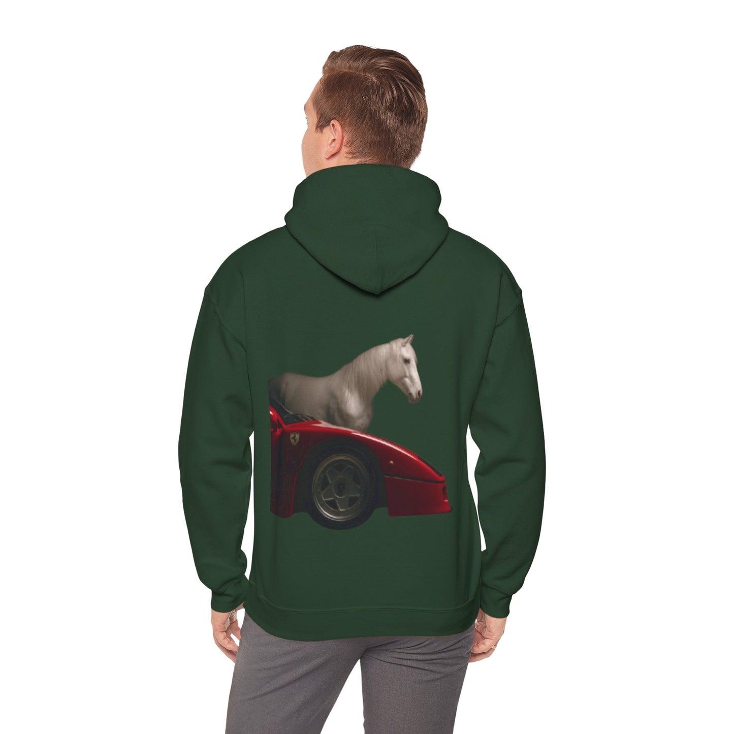 Horse & Sports Car Hoodie — Minimal Horse Head Front | Horse on Red Car Back | Winter Drop