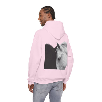 Horse Hoodie — Minimal Line Art Front & Black‑White Photo Back | Winter Drop