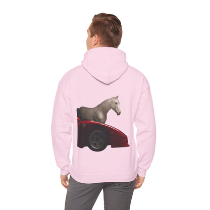 Horse & Sports Car Hoodie — Minimal Horse Head Front | Horse on Red Car Back | Winter Drop
