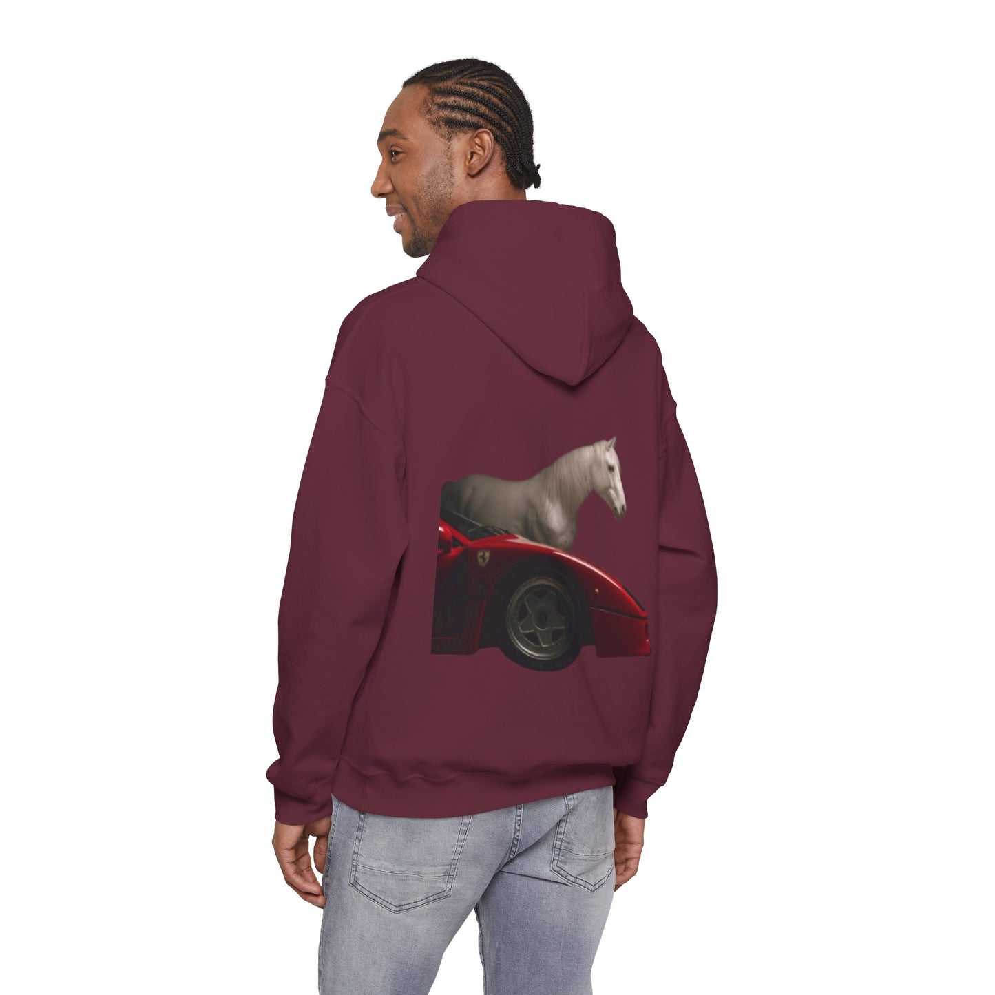 Horse & Sports Car Hoodie — Minimal Horse Head Front | Horse on Red Car Back | Winter Drop
