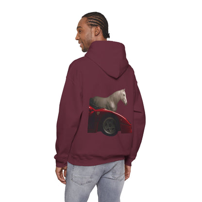 Horse & Sports Car Hoodie — Minimal Horse Head Front | Horse on Red Car Back | Winter Drop