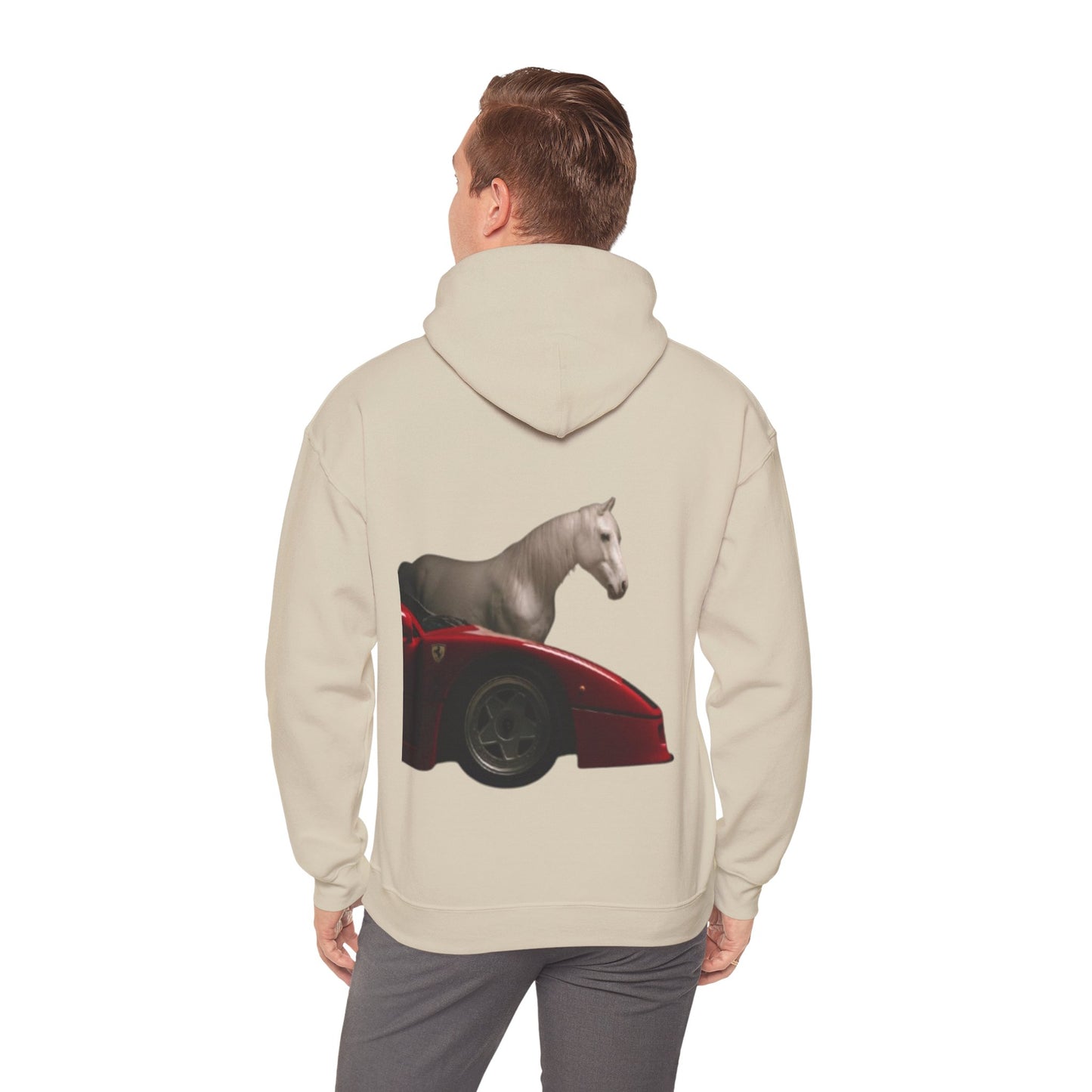 Horse & Sports Car Hoodie — Minimal Horse Head Front | Horse on Red Car Back | Winter Drop