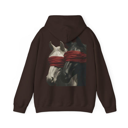 Horse Art Hoodie — Blindfolded Horses Graphic Pullover | Winter Drop