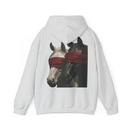 Horse Art Hoodie — Blindfolded Horses Graphic Pullover | Winter Drop
