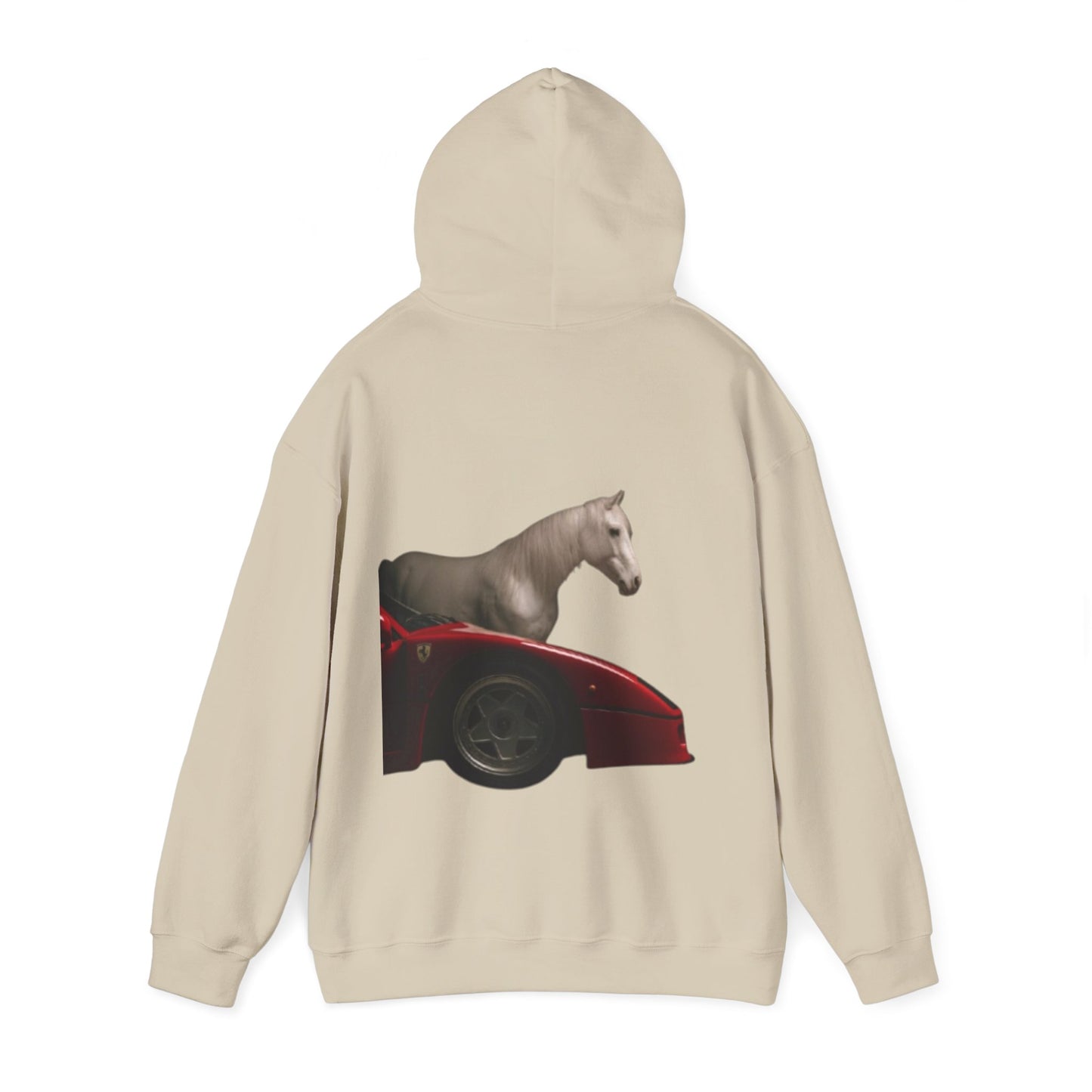 Horse & Sports Car Hoodie — Minimal Horse Head Front | Horse on Red Car Back | Winter Drop