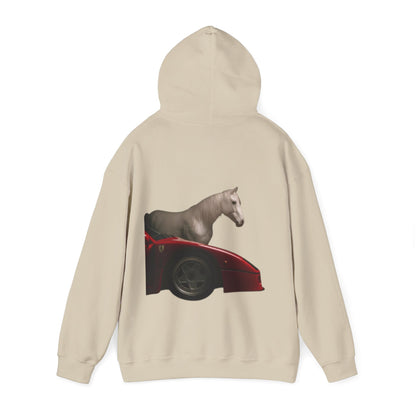 Horse & Sports Car Hoodie — Minimal Horse Head Front | Horse on Red Car Back | Winter Drop
