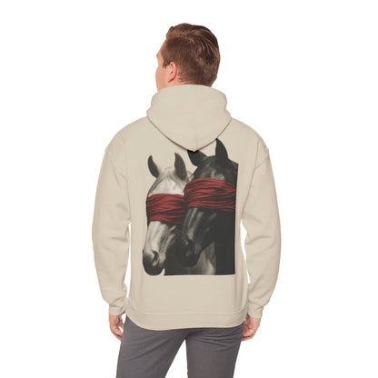 Horse Art Hoodie — Blindfolded Horses Graphic Pullover | Winter Drop