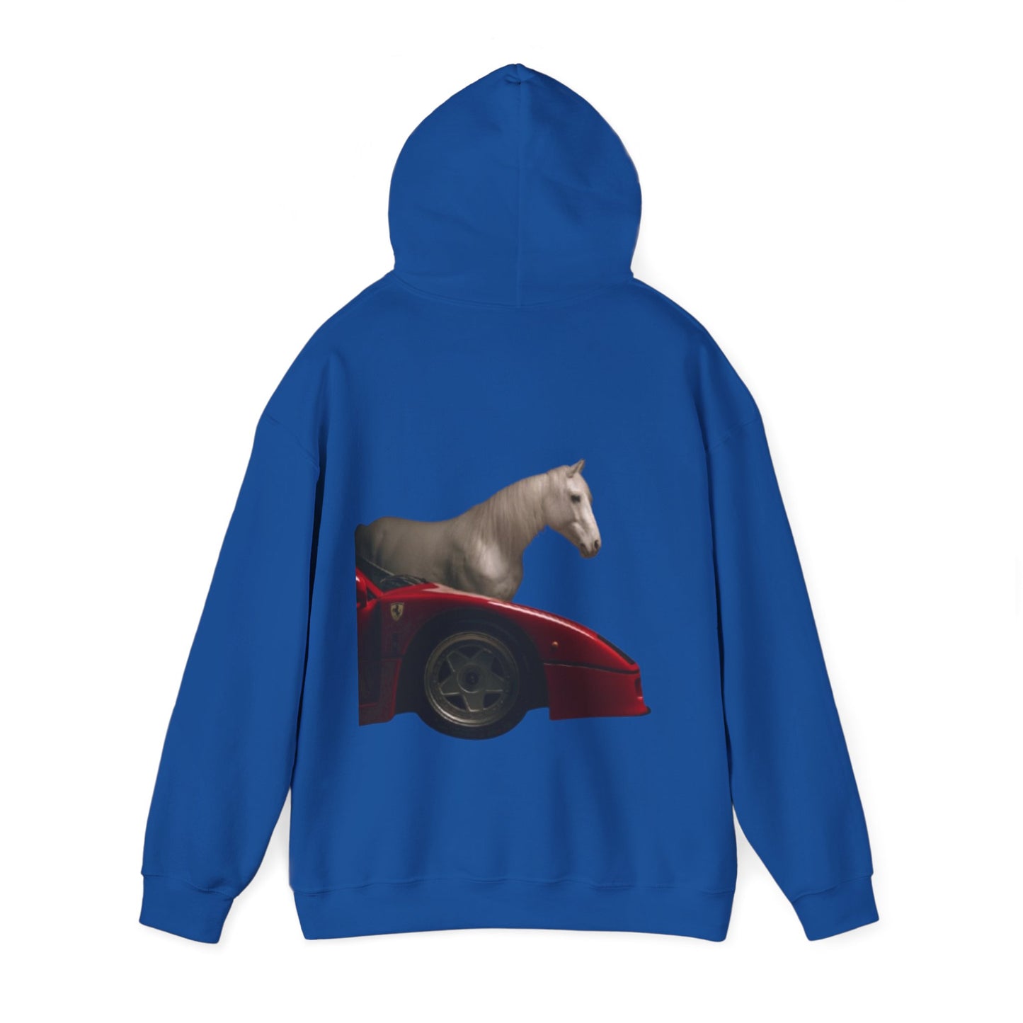 Horse & Sports Car Hoodie — Minimal Horse Head Front | Horse on Red Car Back | Winter Drop