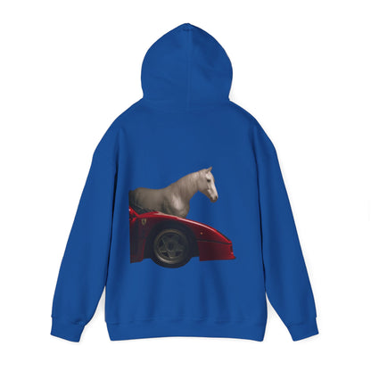 Horse & Sports Car Hoodie — Minimal Horse Head Front | Horse on Red Car Back | Winter Drop