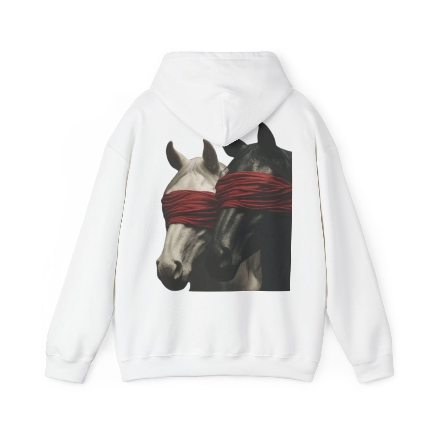 Horse Art Hoodie — Blindfolded Horses Graphic Pullover | Winter Drop