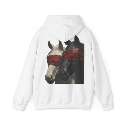 Horse Art Hoodie — Blindfolded Horses Graphic Pullover | Winter Drop
