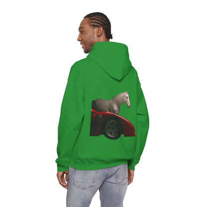 Horse & Sports Car Hoodie — Minimal Horse Head Front | Horse on Red Car Back | Winter Drop
