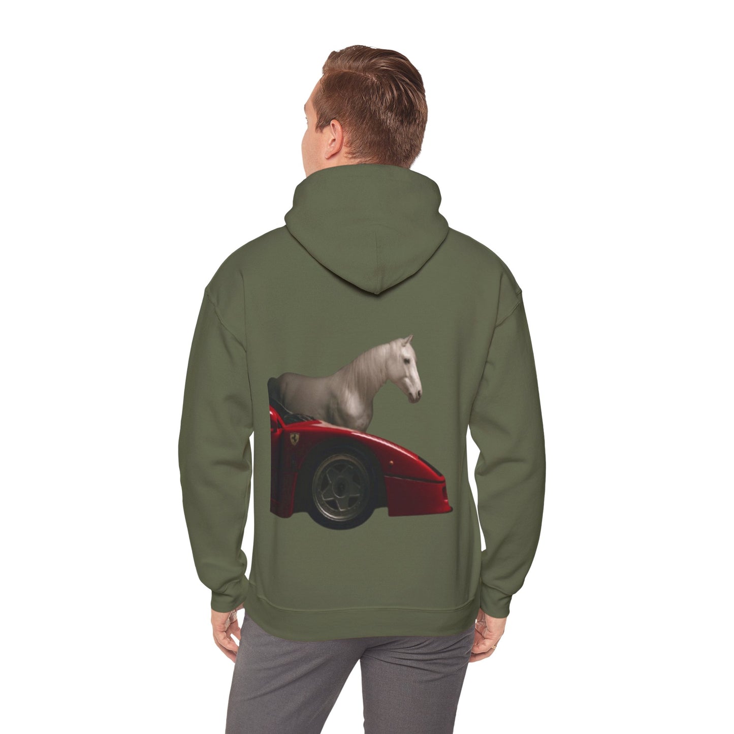 Horse & Sports Car Hoodie — Minimal Horse Head Front | Horse on Red Car Back | Winter Drop
