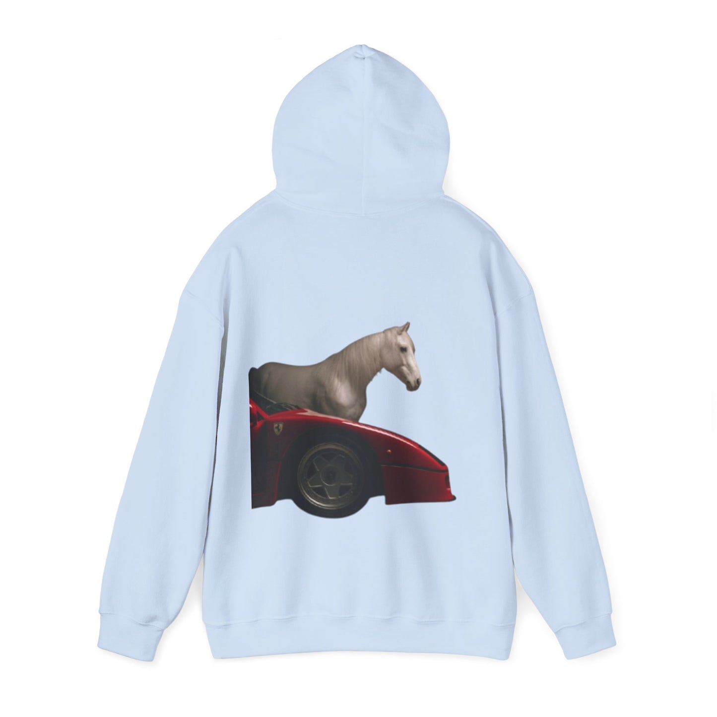 Horse & Sports Car Hoodie — Minimal Horse Head Front | Horse on Red Car Back | Winter Drop
