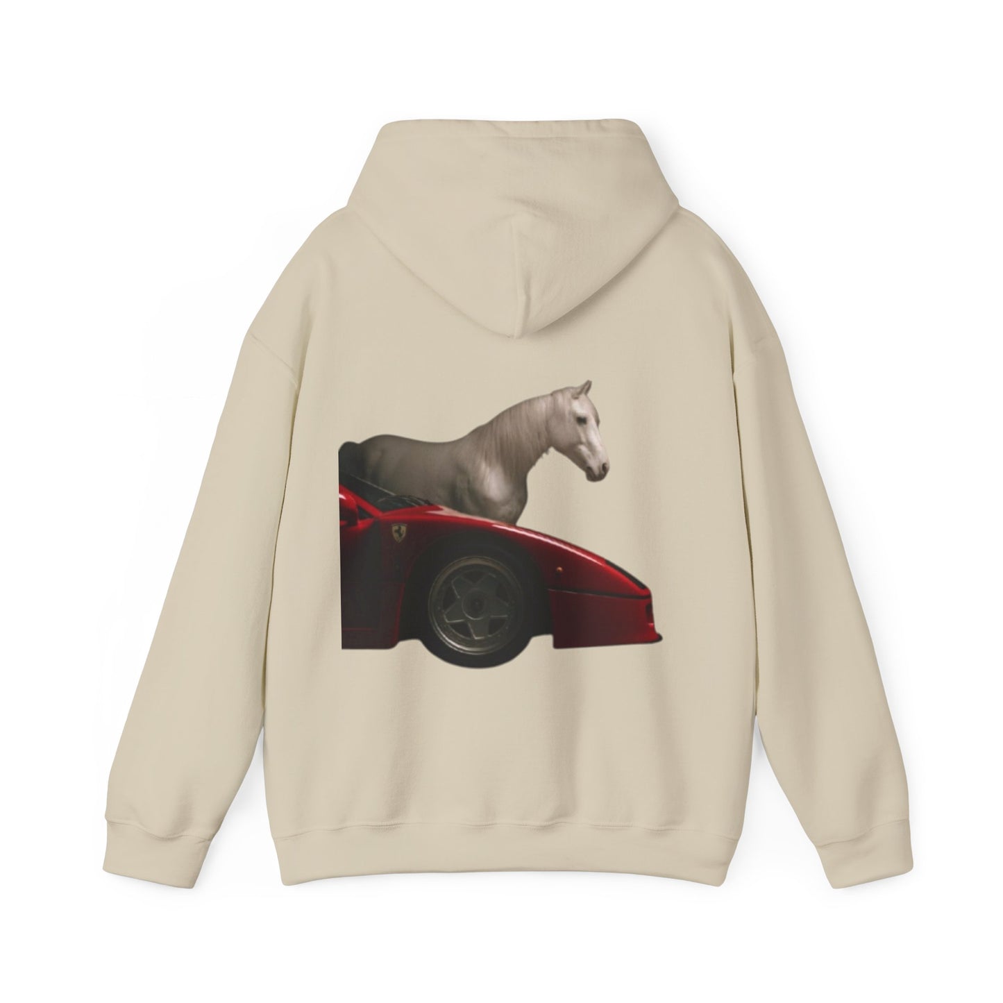 Horse & Sports Car Hoodie — Minimal Horse Head Front | Horse on Red Car Back | Winter Drop