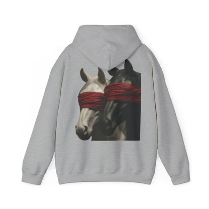 Horse Art Hoodie — Blindfolded Horses Graphic Pullover | Winter Drop