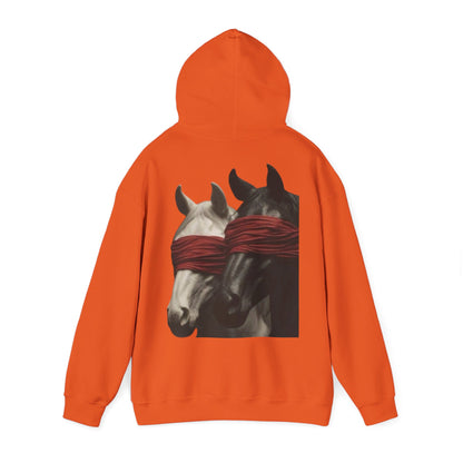 Horse Art Hoodie — Blindfolded Horses Graphic Pullover | Winter Drop