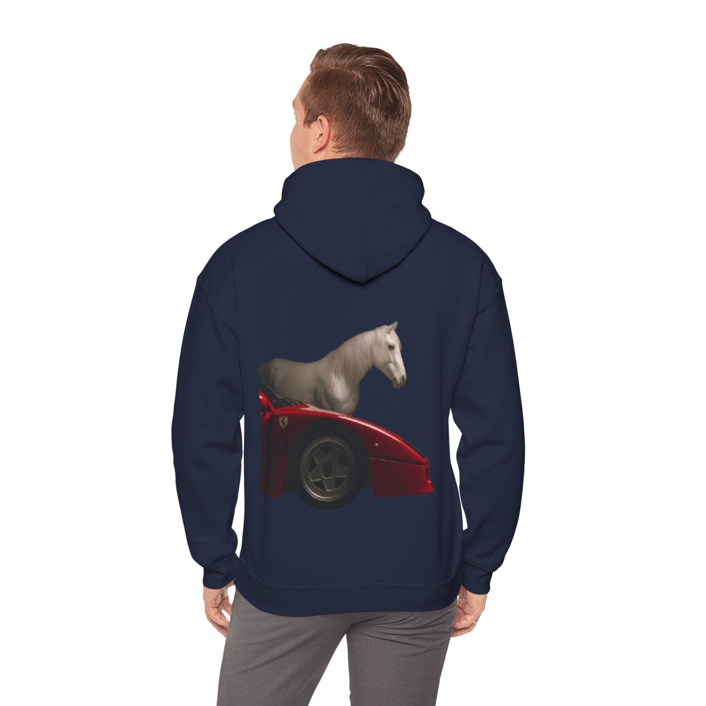 Horse & Sports Car Hoodie — Minimal Horse Head Front | Horse on Red Car Back | Winter Drop