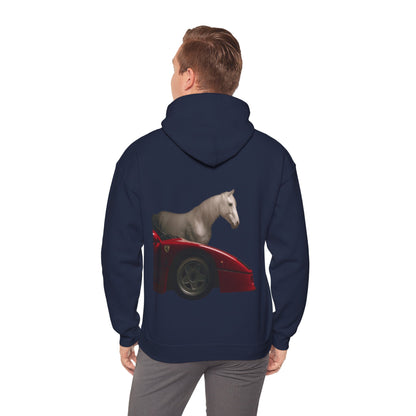 Horse & Sports Car Hoodie — Minimal Horse Head Front | Horse on Red Car Back | Winter Drop