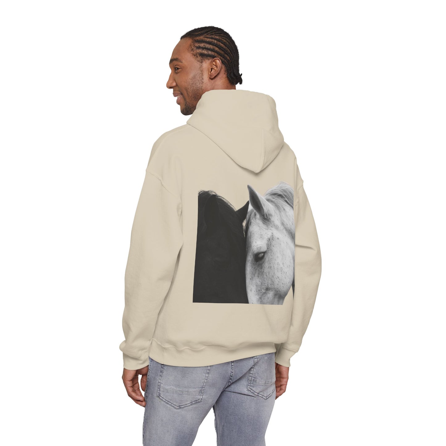 Horse Hoodie — Minimal Line Art Front & Black‑White Photo Back | Winter Drop